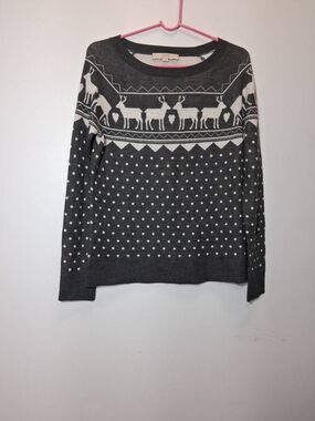 Ann Taylor womens medium fairisle reindeer sweater gray wool holiday